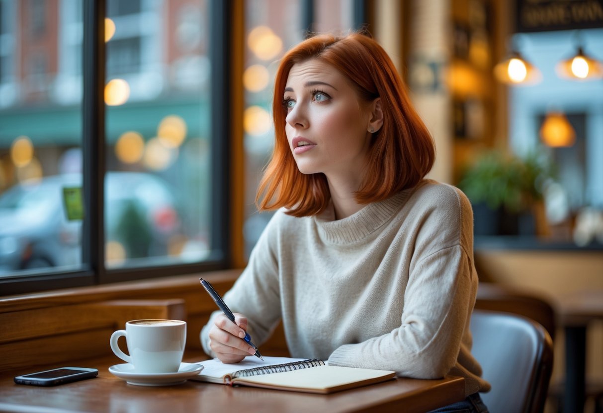 A young woman sitting at a coffee shop table, holding a pen and notebook, looking thoughtful and reflective.