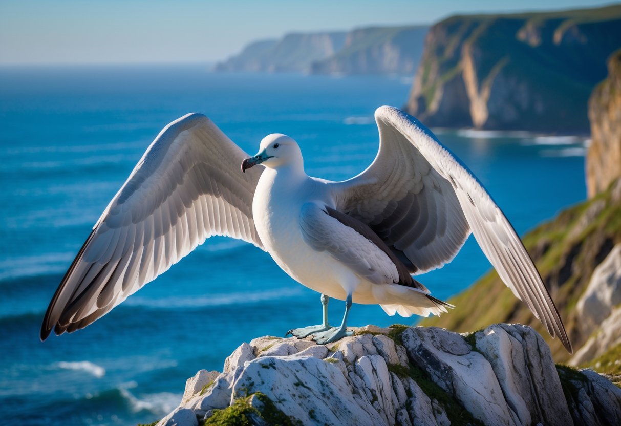 A large albatross perched on a coastal rock with the ocean and cliffs in the background.