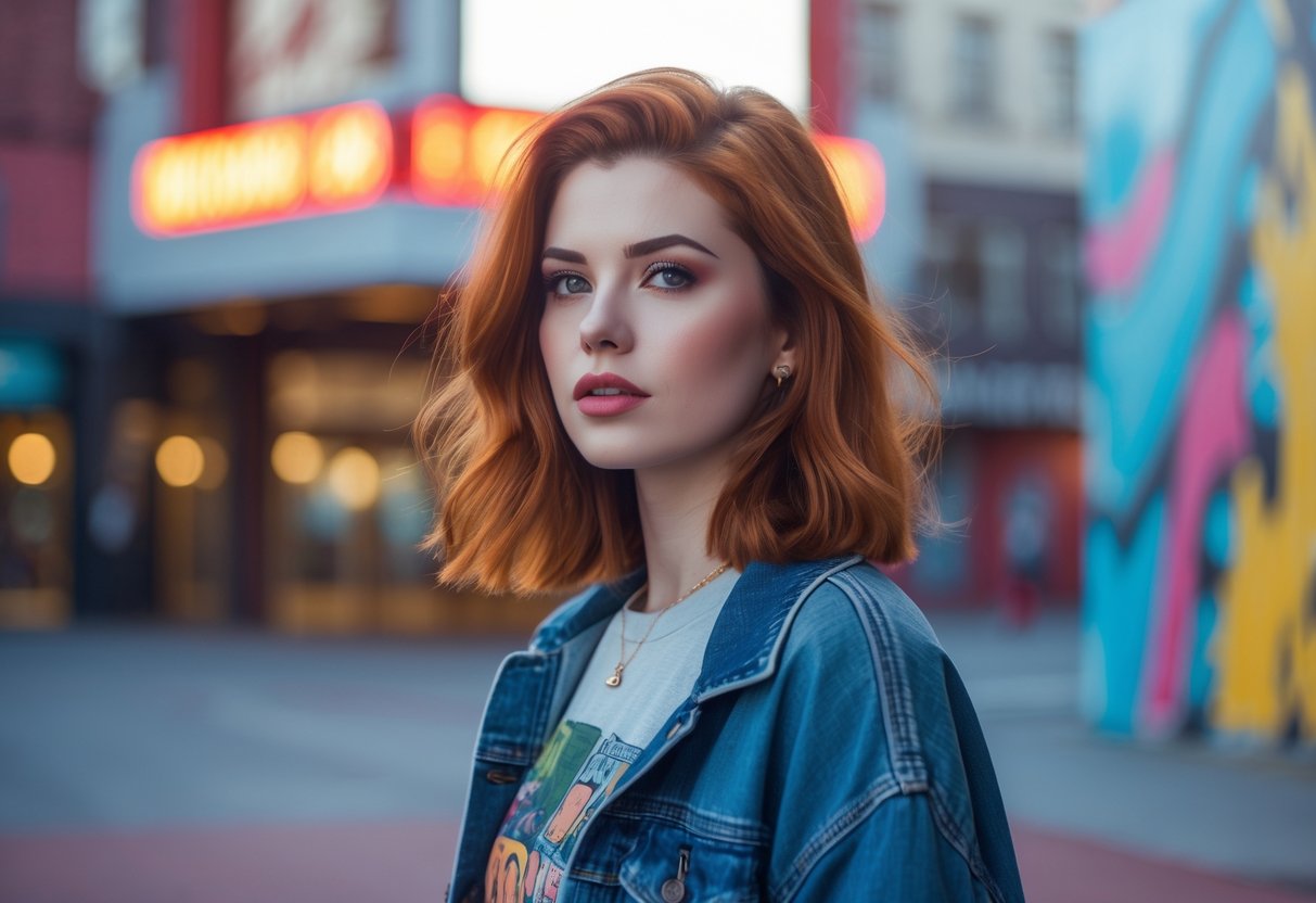 A young woman with auburn hair stands confidently outdoors with a movie theater and street art in the background.