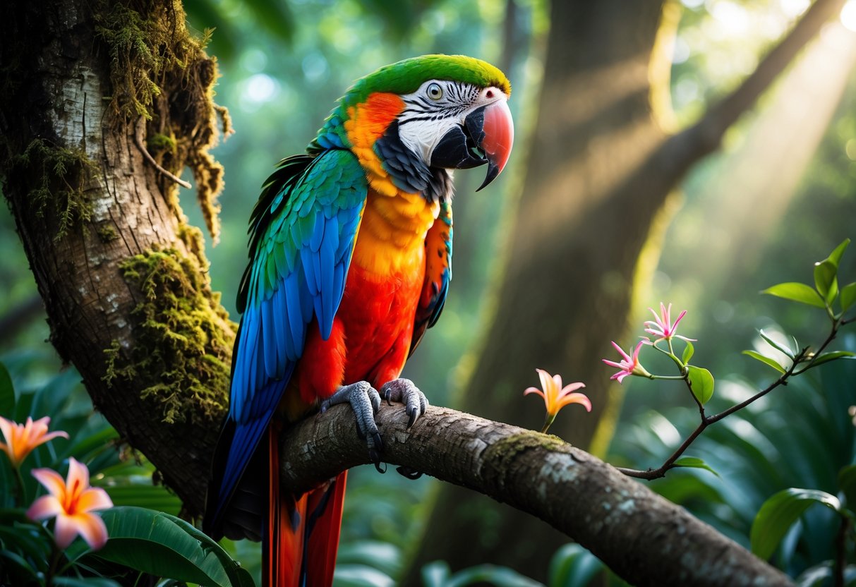 A colorful parrot perched on a tree branch in a dense tropical forest with sunlight filtering through the leaves.