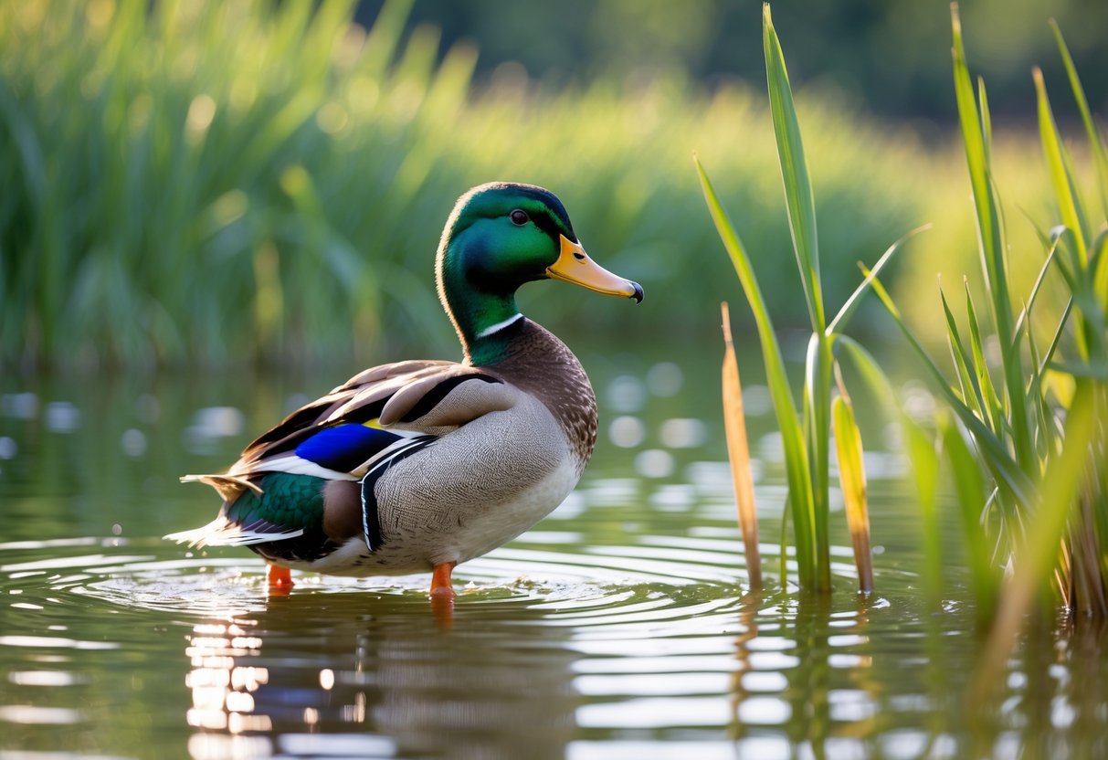 A mallard duck standing by a pond surrounded by green reeds and calm water.