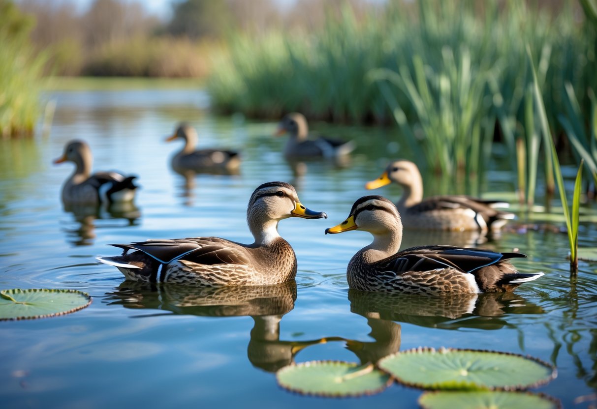 A group of ducks swimming in a pond surrounded by green reeds and lily pads.