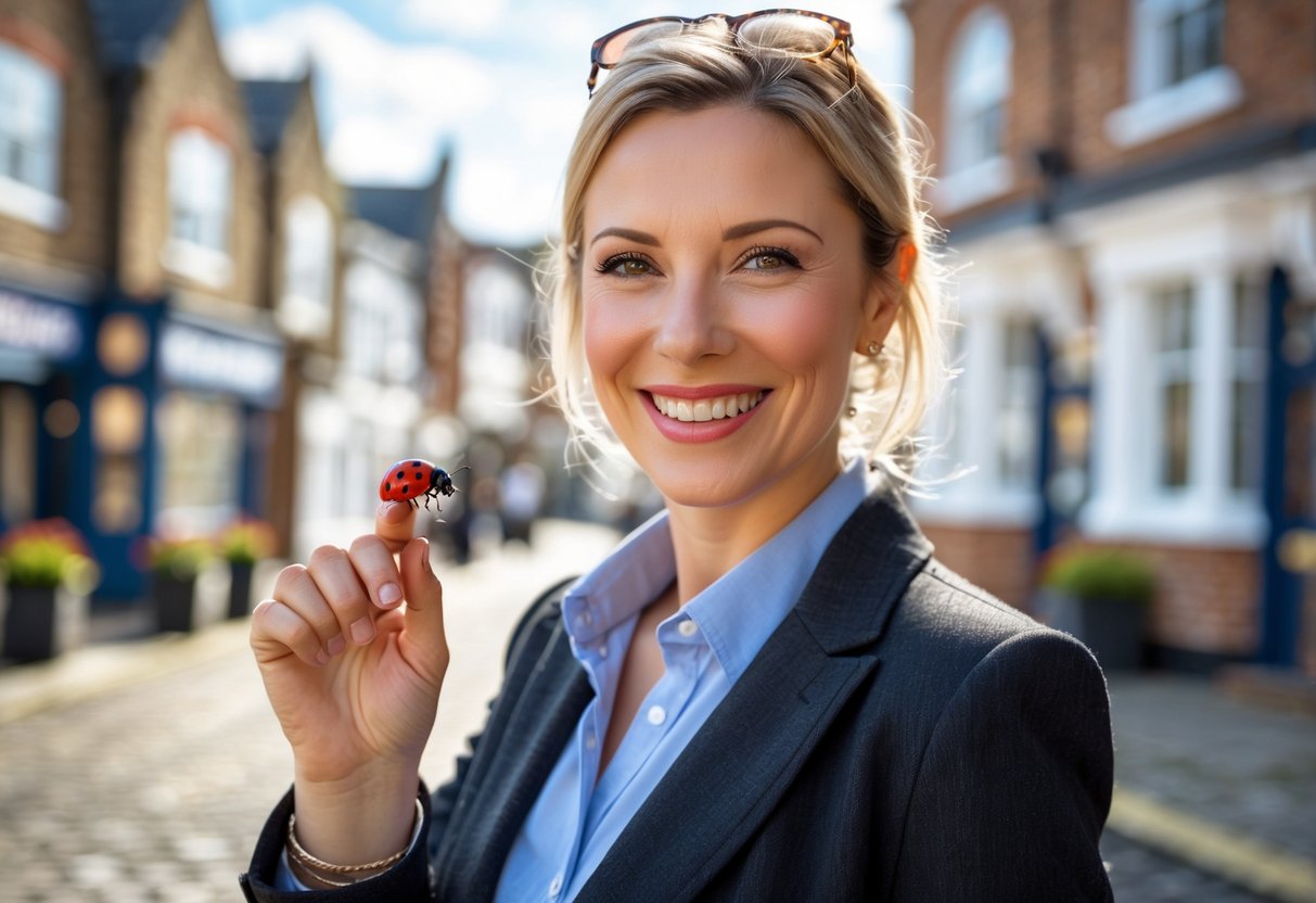 A smiling British woman holding a small red ladybird on her finger outdoors in a sunny town setting.