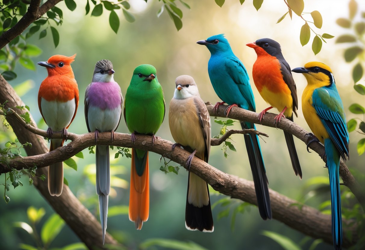 A group of ten rare birds perched on branches surrounded by green foliage in a natural setting.