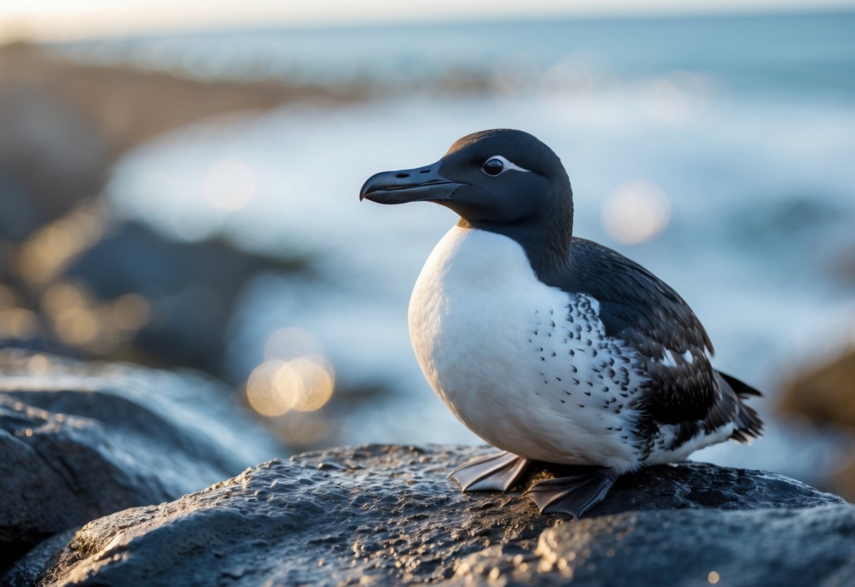 A small black and white seabird perched on rocky shore with ocean in the background.