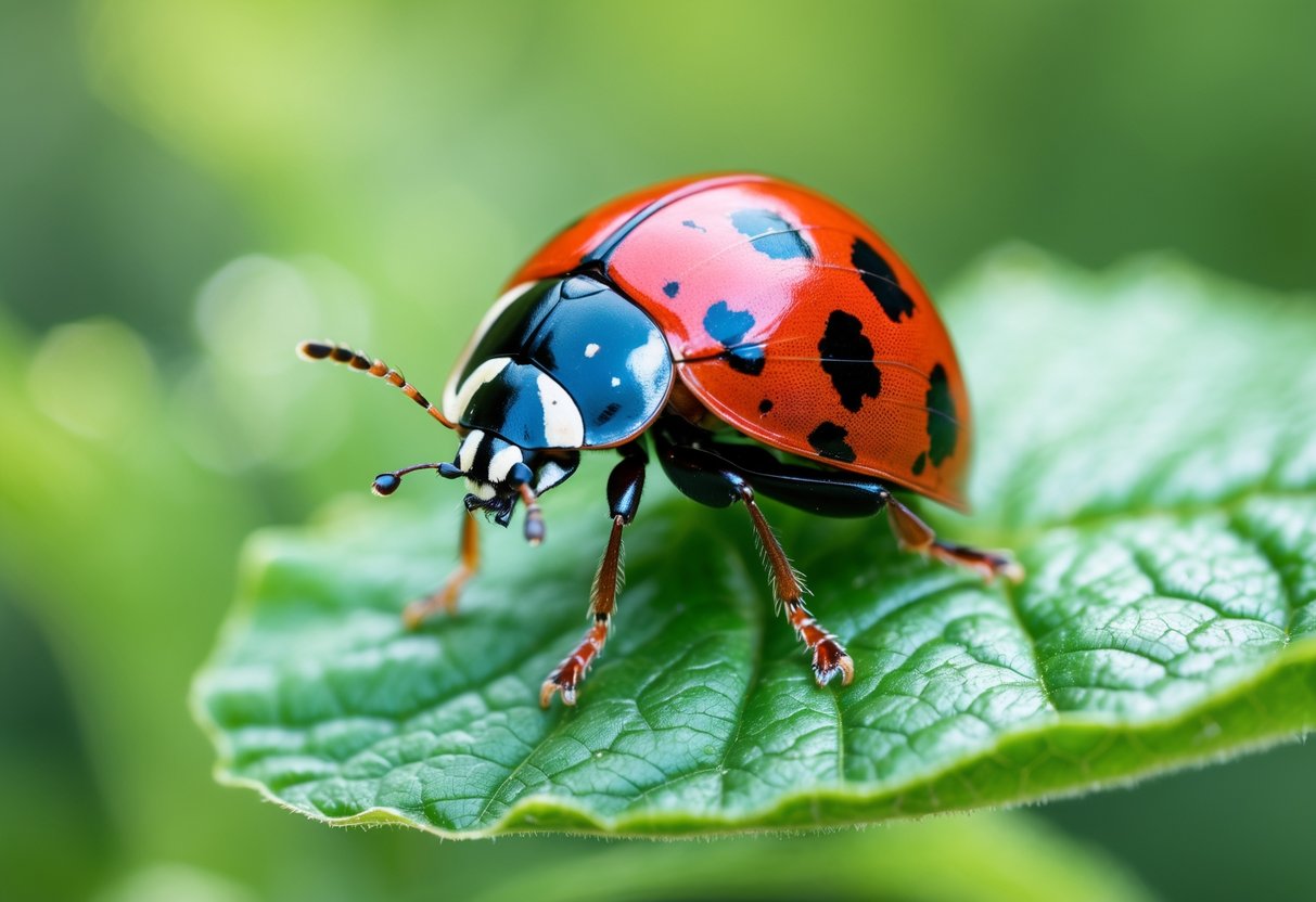 A male ladybird sitting on a green leaf with a blurred green background.
