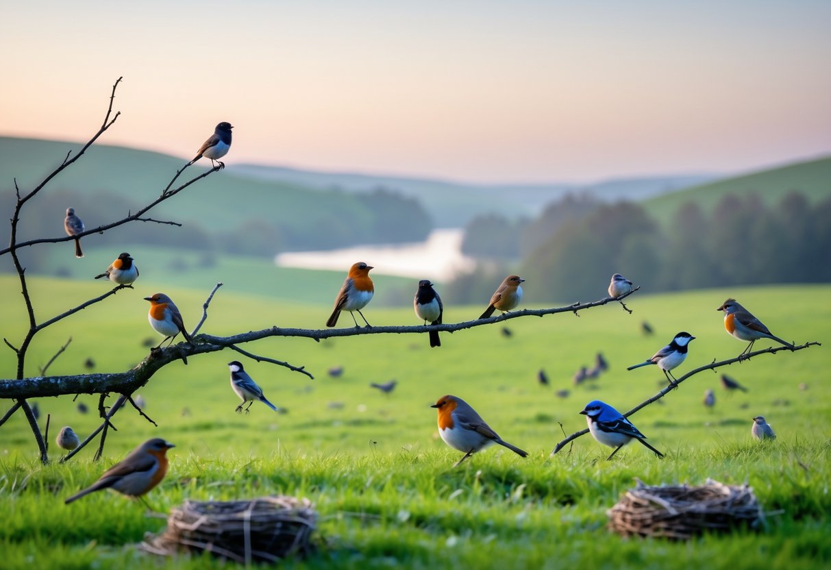 A peaceful British countryside at dawn with various native birds perched on branches and in a green field, with rolling hills and a river in the background.
