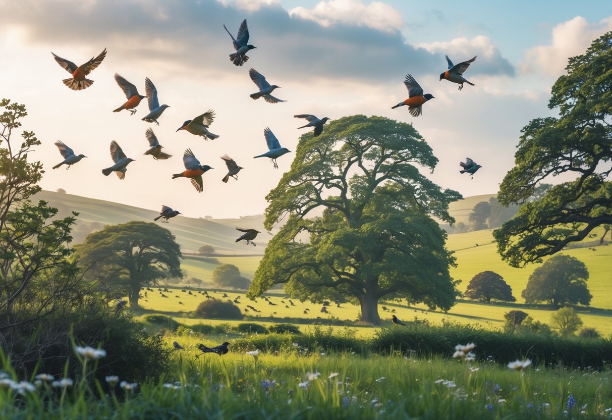 A peaceful countryside scene in the UK with various native birds flying and perched among trees and bushes.