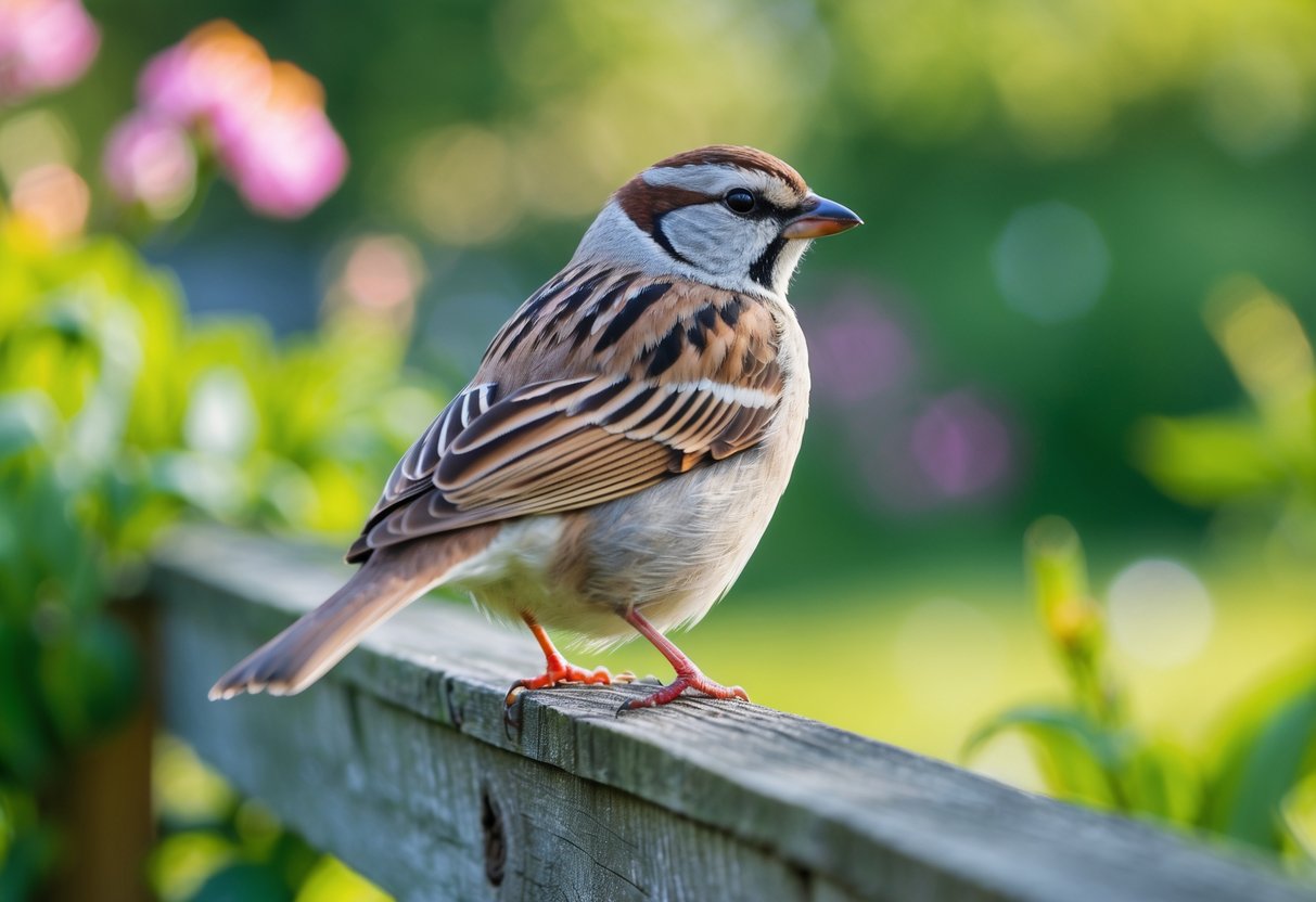 A house sparrow perched on a wooden fence in a green garden with flowers in the background.