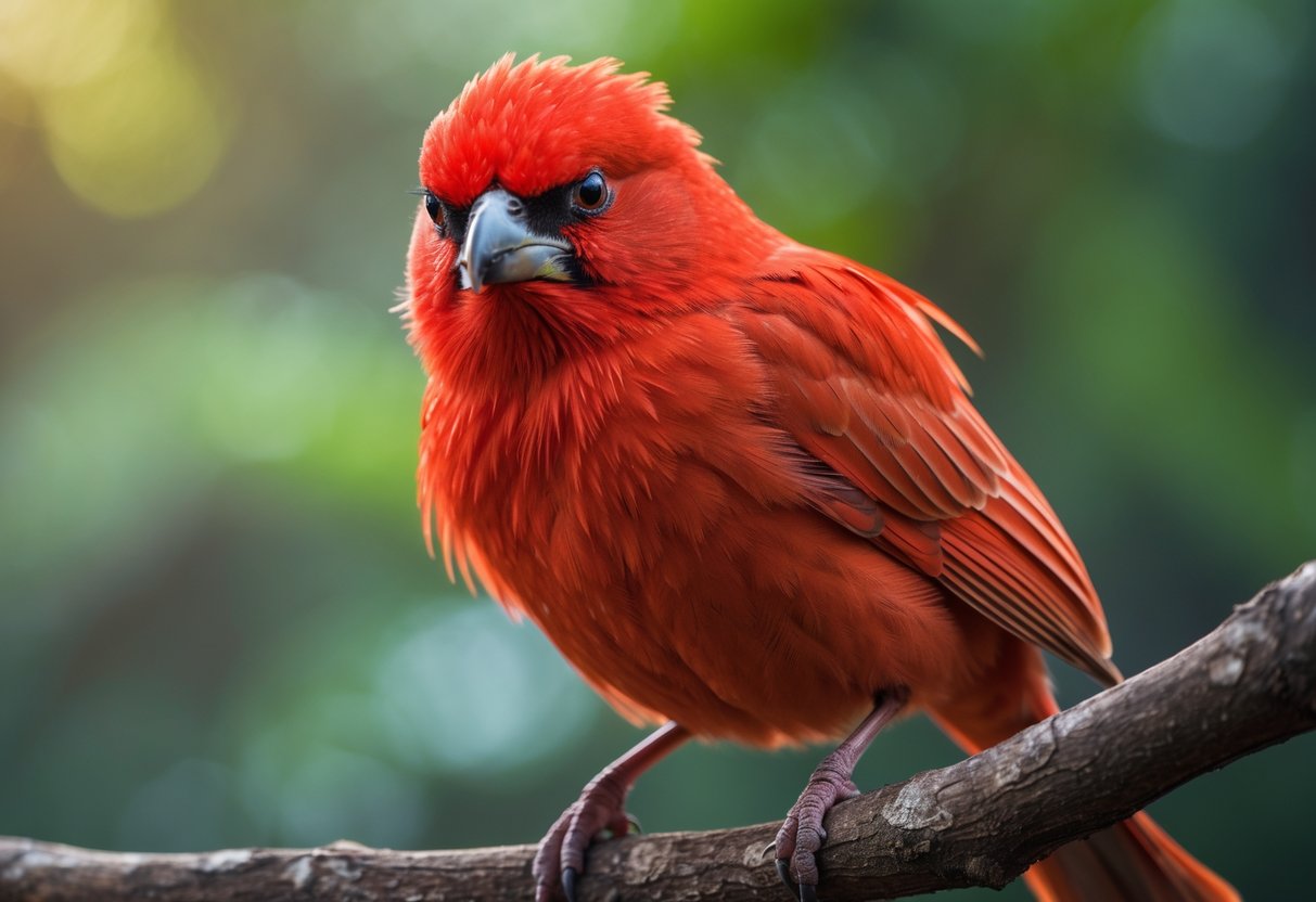 A red bird perched on a branch with an intense and fierce expression.
