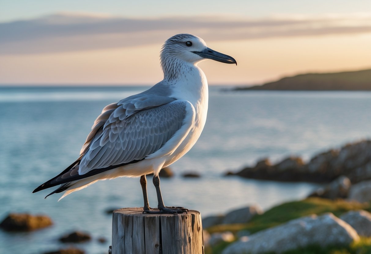 A large seabird with white and grey feathers perched on a wooden post by the calm sea at sunset.