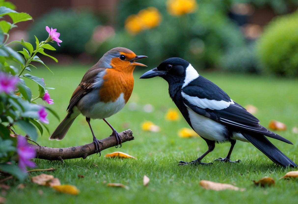 Two UK garden birds, a robin and a magpie, facing each other aggressively on a green garden lawn surrounded by flowers and shrubs.