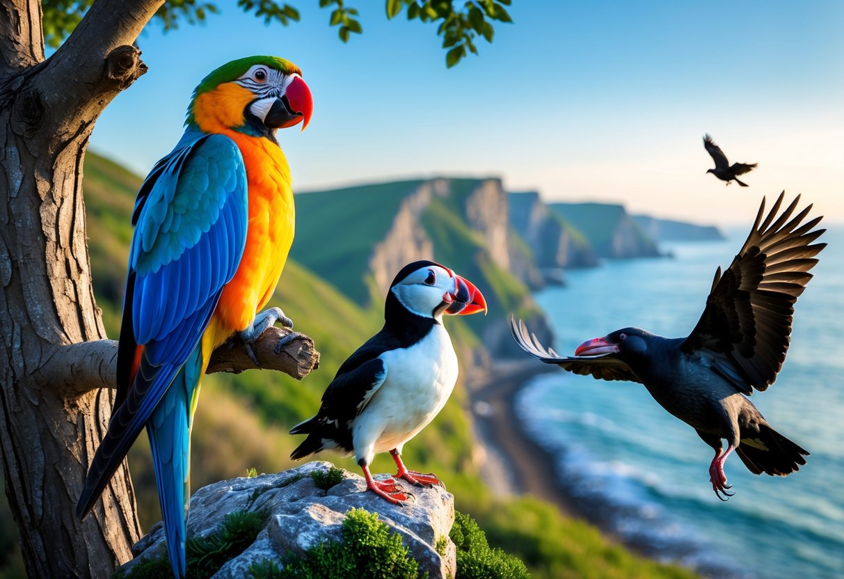 A group of long-living UK birds including a parrot on a tree branch, a puffin on a rocky cliff, and a raven flying over a green woodland and seaside landscape.