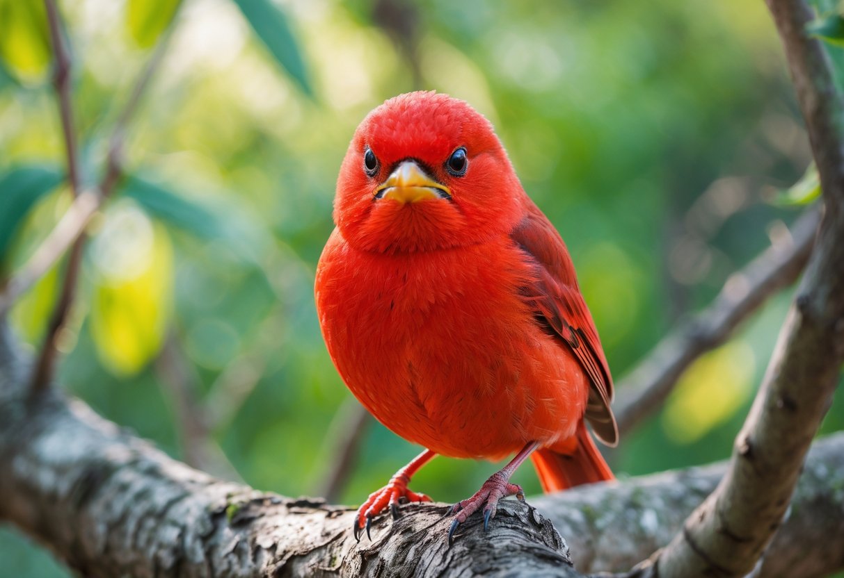 A red bird with an angry expression perched on a tree branch surrounded by green leaves.