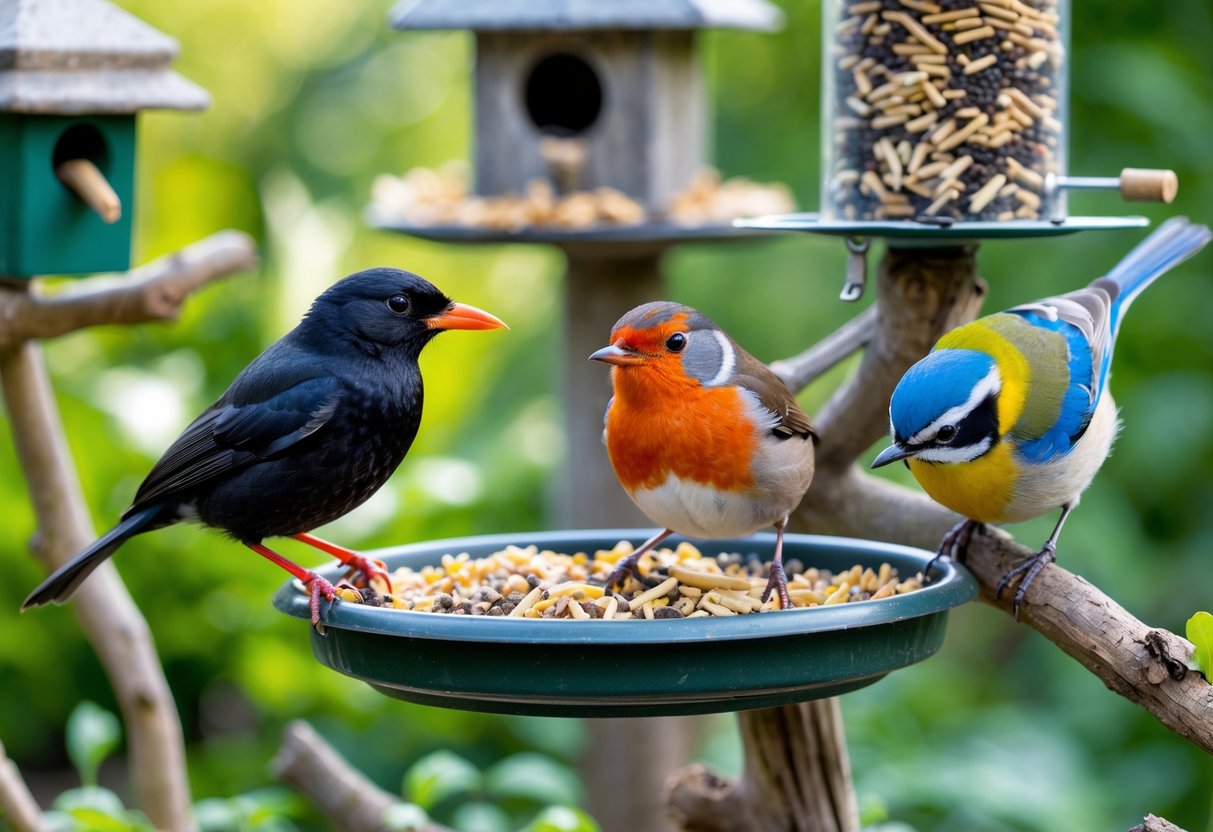 Several UK garden birds, including a blackbird, robin, and blue tit, perched on branches and bird feeders in a green garden.