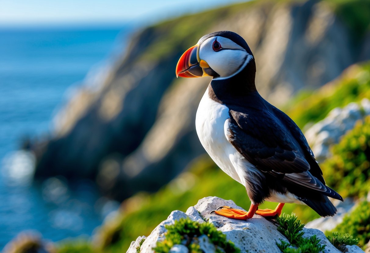 A puffin perched on a rocky coastal cliff with the ocean and sky in the background.