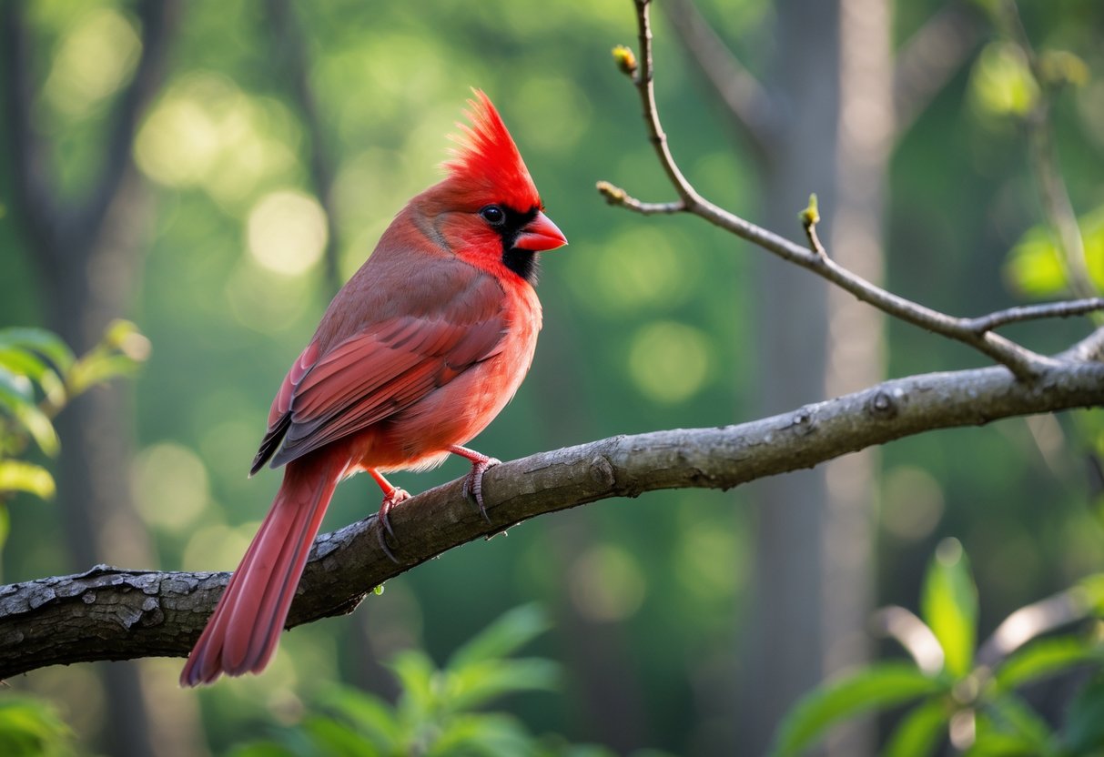 A red Northern Cardinal bird perched on a tree branch in a forest with green leaves in the background.