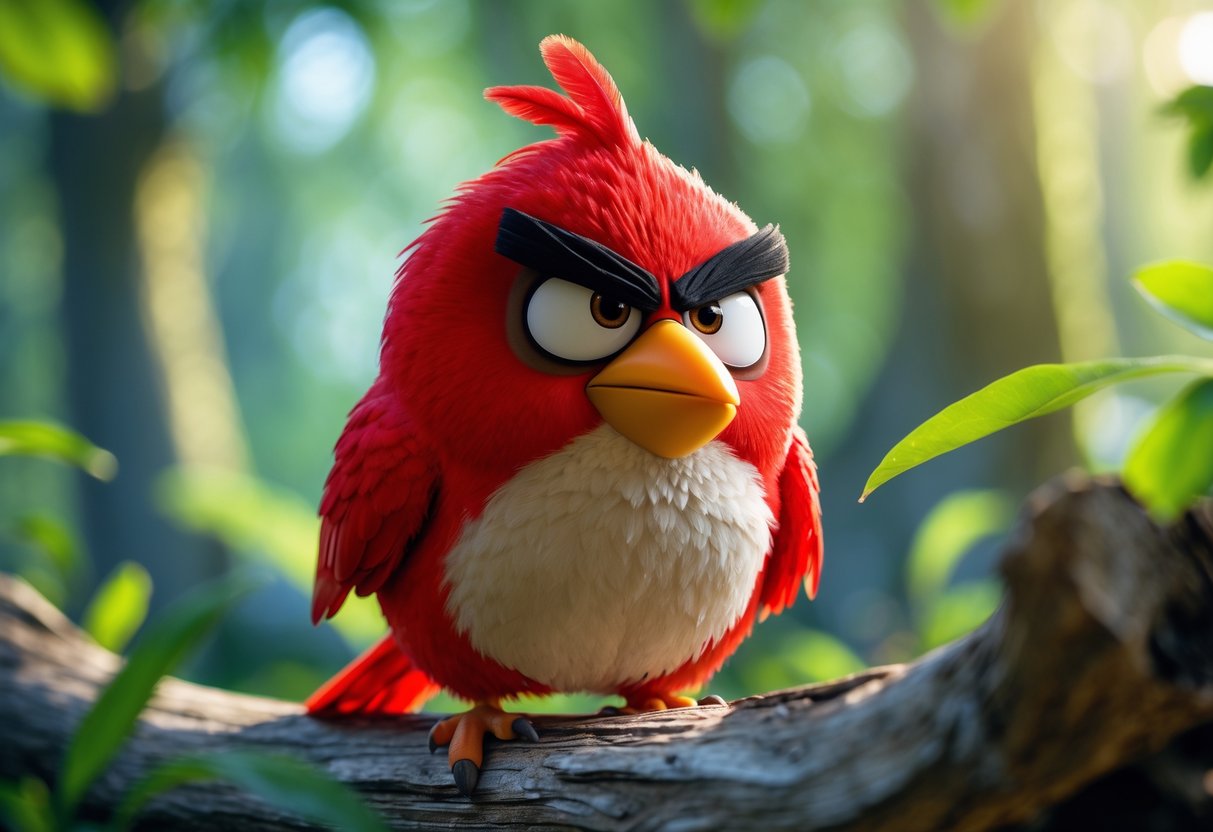 A close-up of the red Angry Bird perched on a wooden branch with a blurred green forest background.