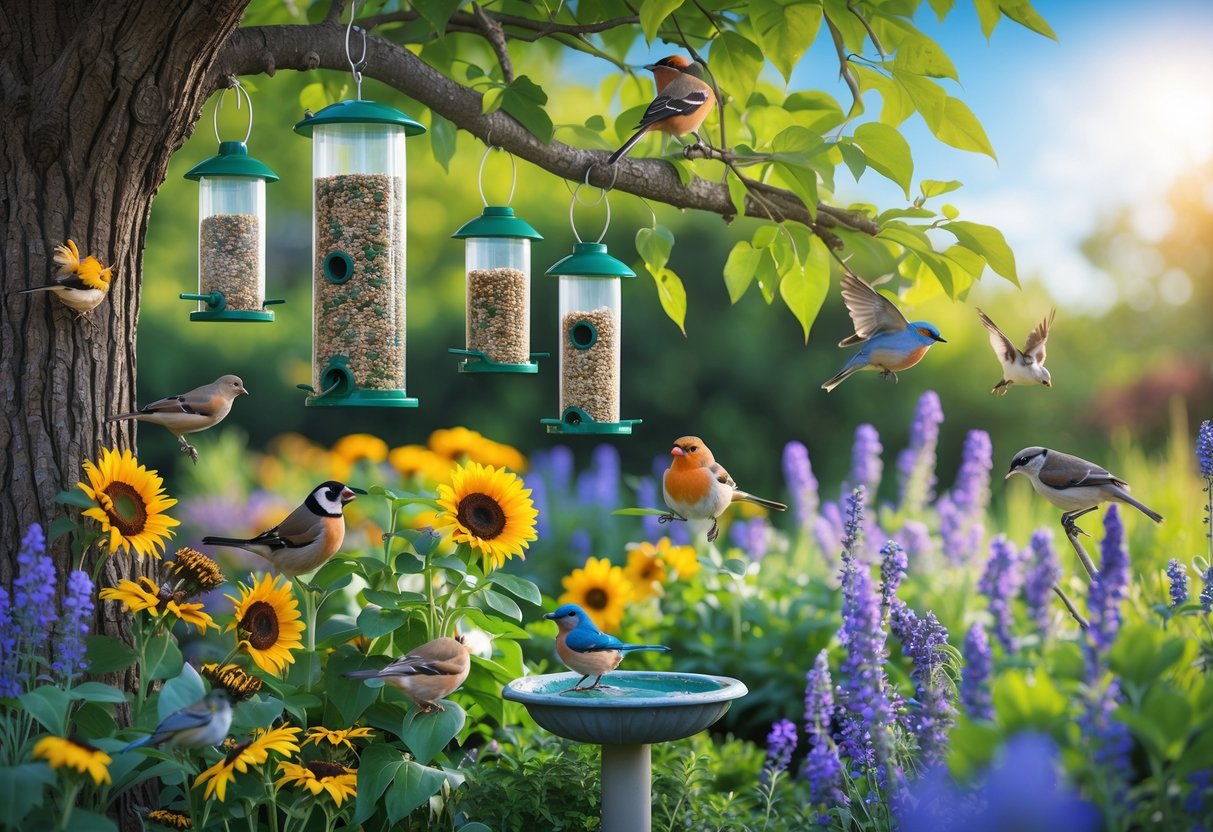 A garden with colorful flowers, bird feeders, a birdbath, and various birds perched and flying around.