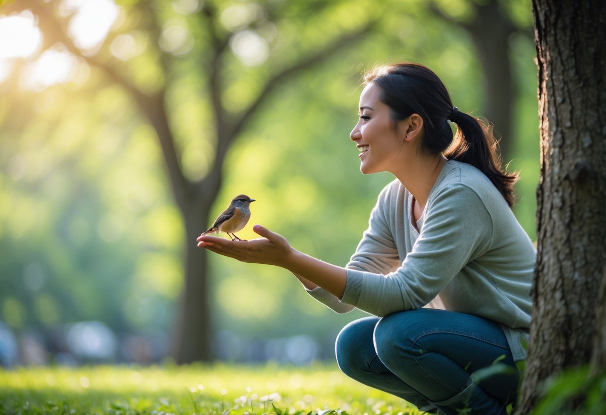 A person outdoors gently calling a small bird that is perched nearby in a green park.