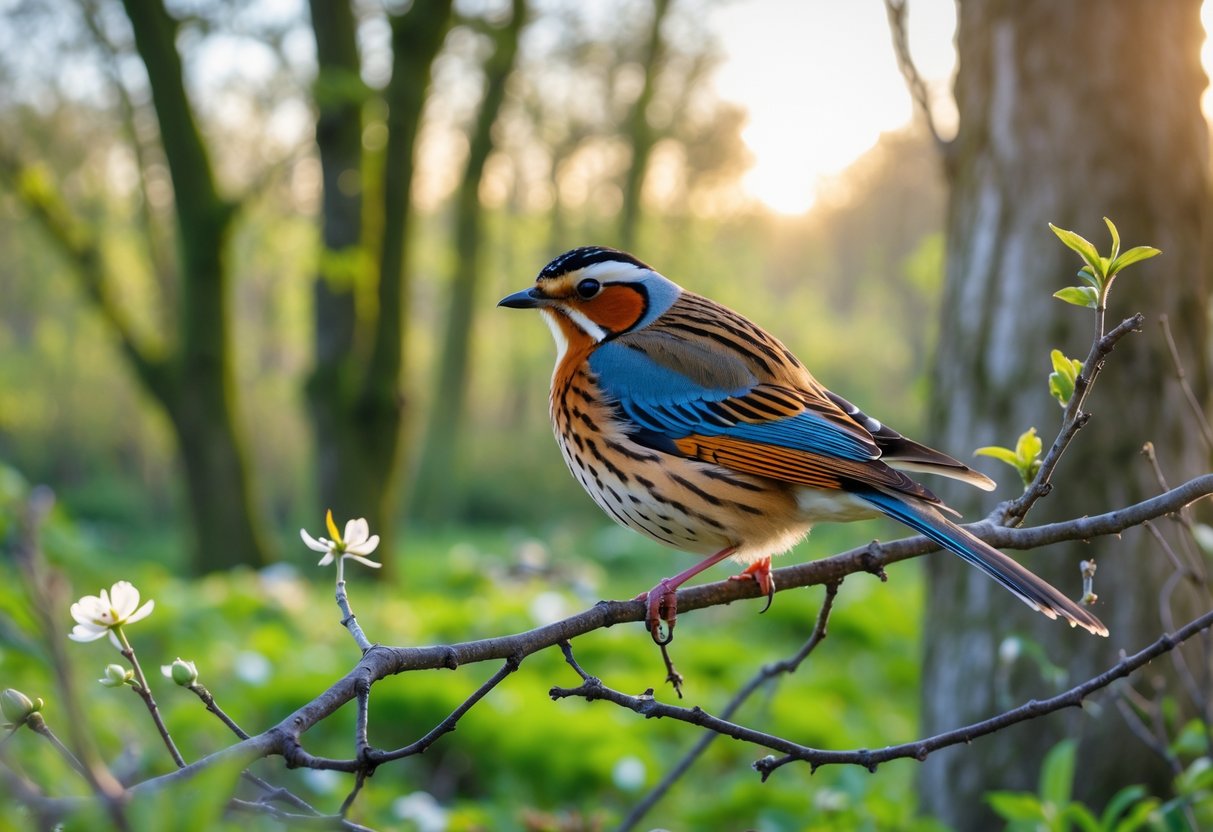 A rare colorful bird perched on a branch in a green woodland setting with trees and wildflowers.