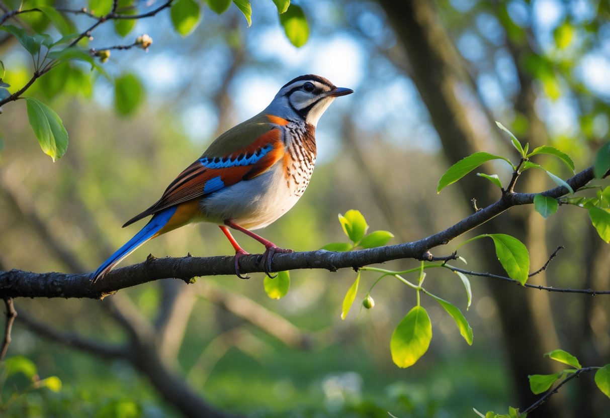 A rare bird perched on a branch in a green woodland setting with sunlight filtering through the leaves.