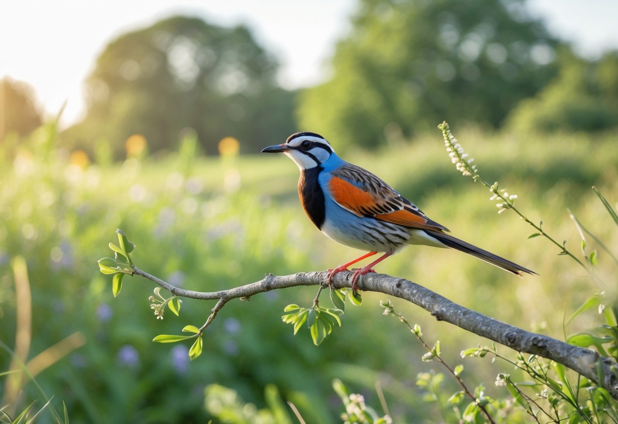 A rare bird perched on a branch in a green countryside with wildflowers and clear sky.