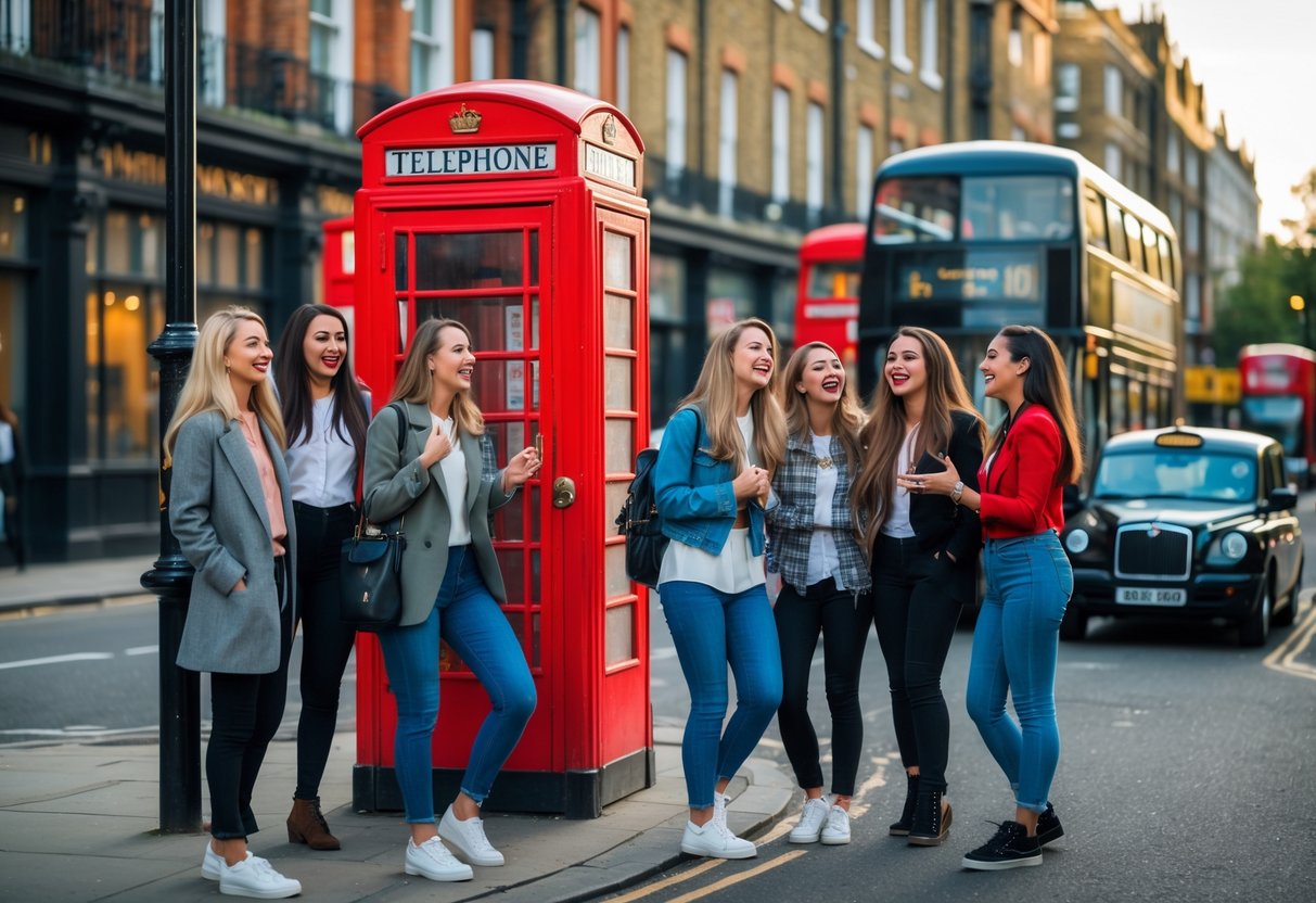 A group of young British women chatting and laughing on a London street with a red telephone booth and double-decker bus in the background.