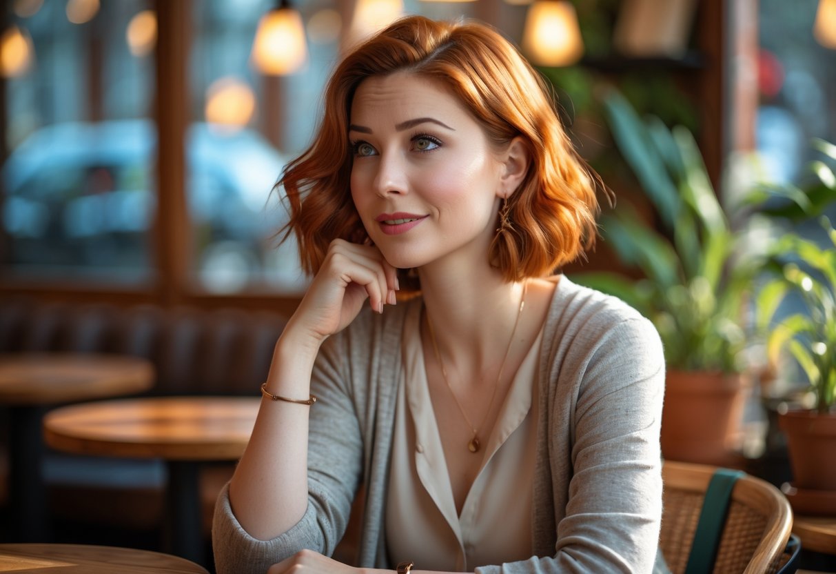 A young woman with short auburn hair sitting in a sunlit cafe, looking thoughtfully to the side.