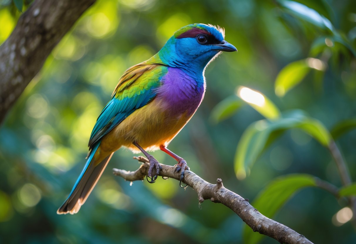 A colorful rare bird perched on a branch in a green forest with sunlight filtering through the leaves.