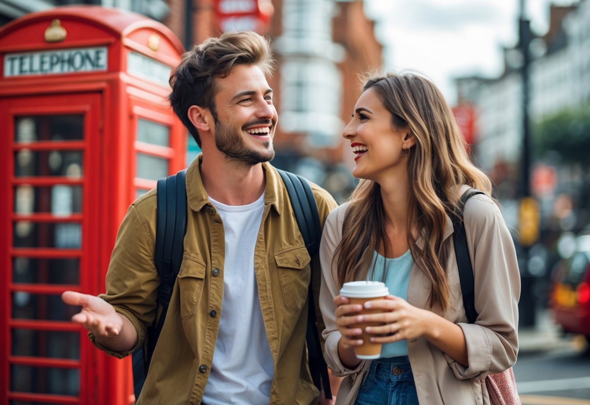 A young British man and woman smiling and talking together on a city street with a red telephone booth in the background.