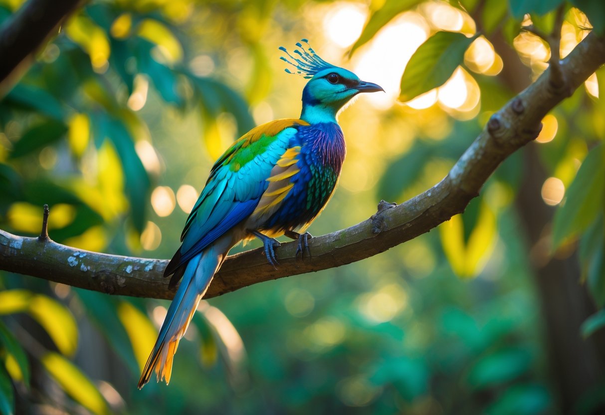 A colorful rare bird perched on a branch in a sunlit forest with green foliage in the background.