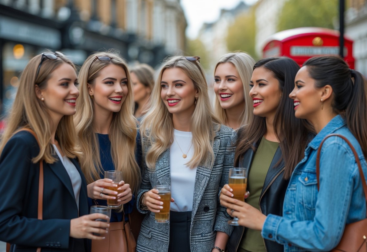 A group of young British women smiling and talking together outdoors in a city setting.