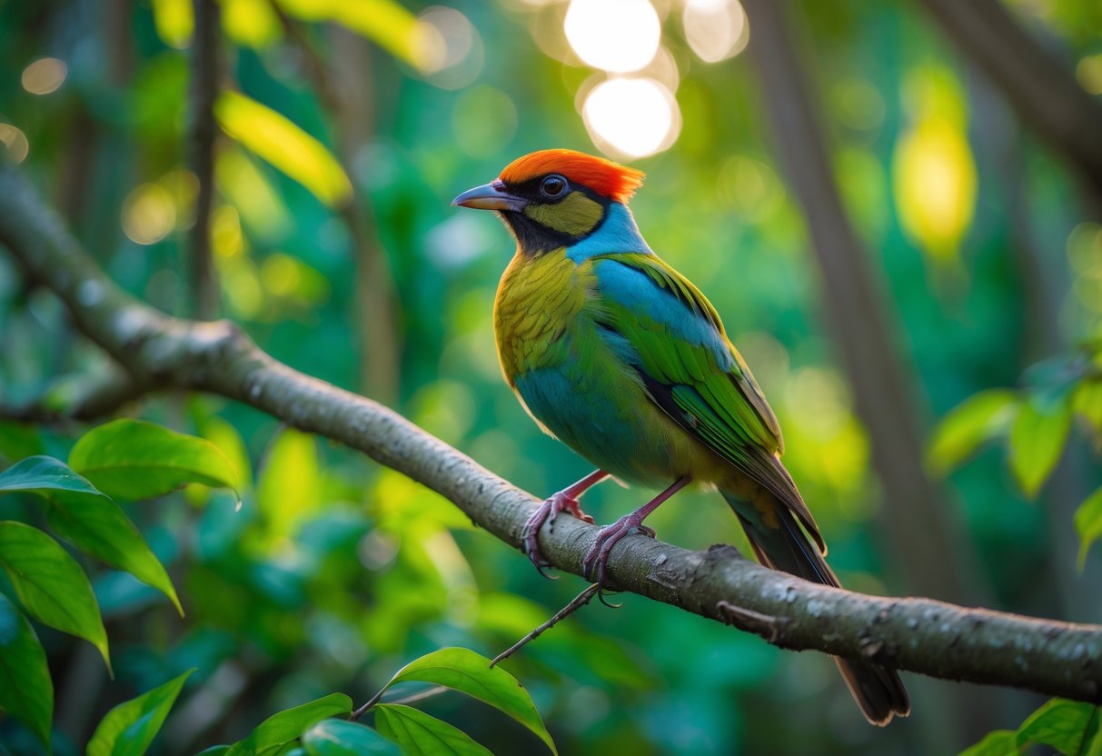 A colorful rare bird perched on a branch in a green forest with sunlight filtering through the trees.