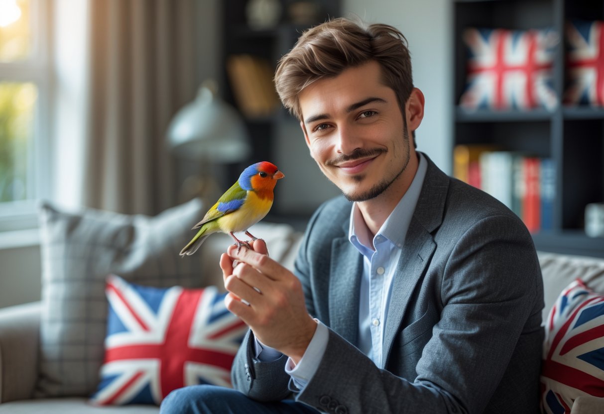 A young British man gently holding a small colorful bird on his finger in a cozy living room.