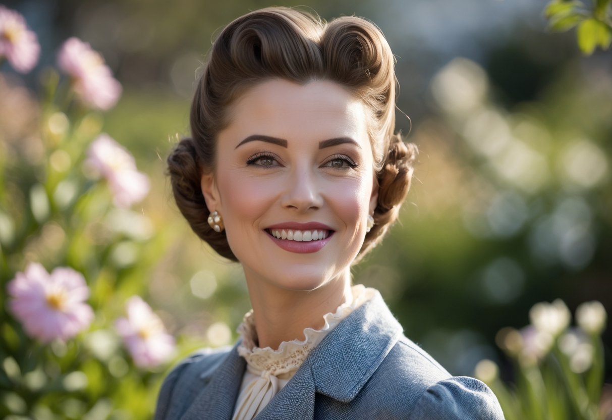 A smiling woman in 1950s clothing standing in a sunny garden with flowers and greenery.