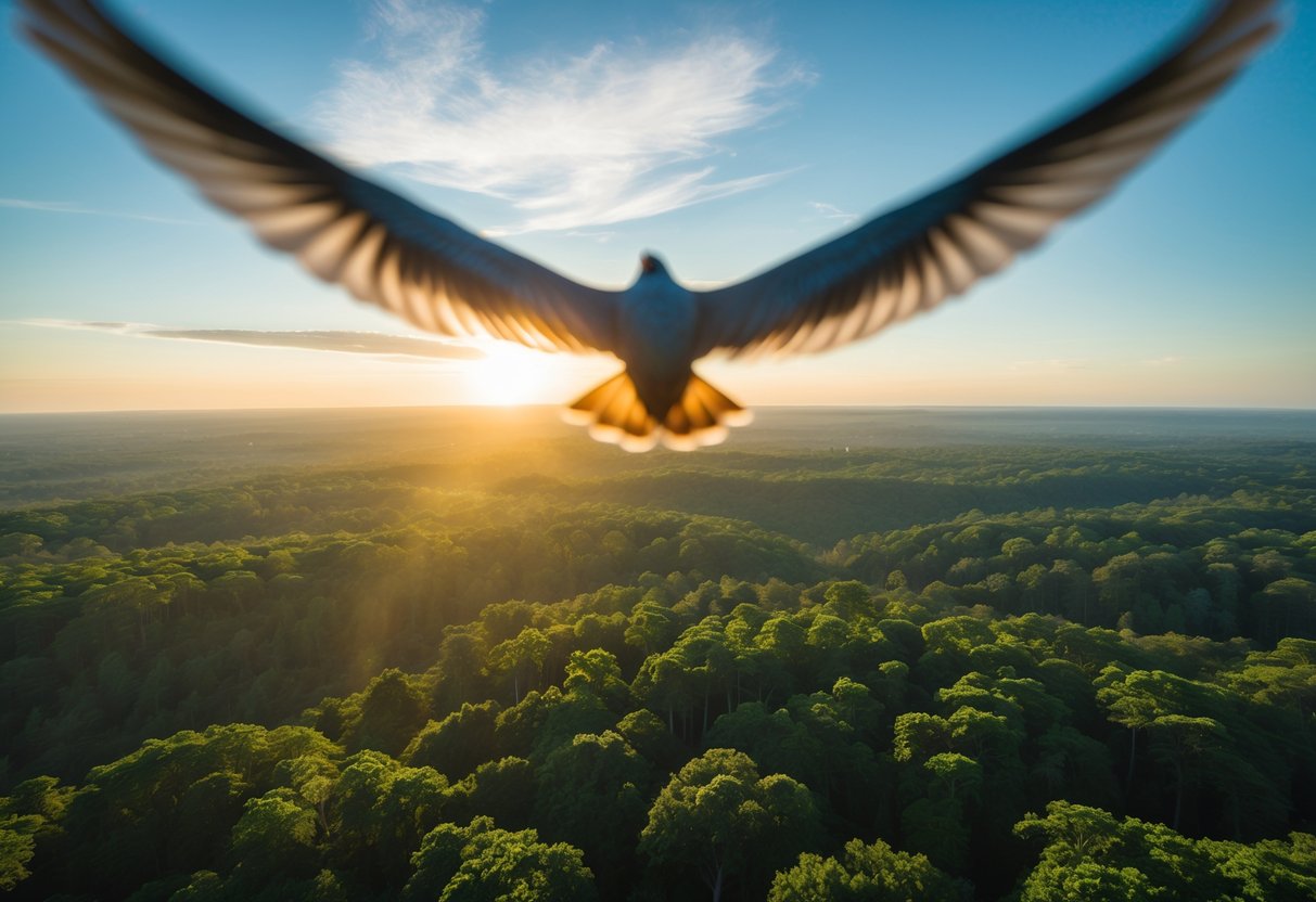 View from a bird's perspective flying over a green forest at sunrise with wings visible and a clear sky.