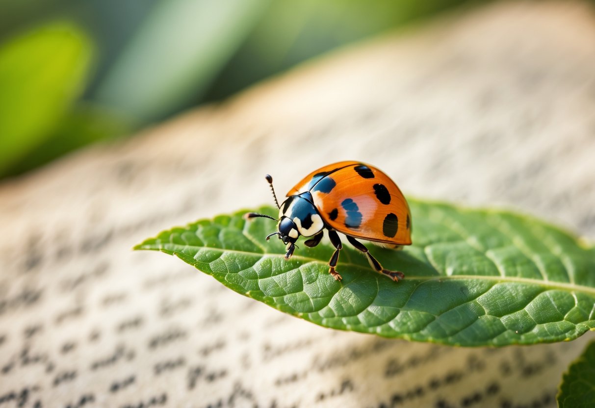 A close-up of a ladybird on a green leaf with a blurred vintage handwritten letter in the background.