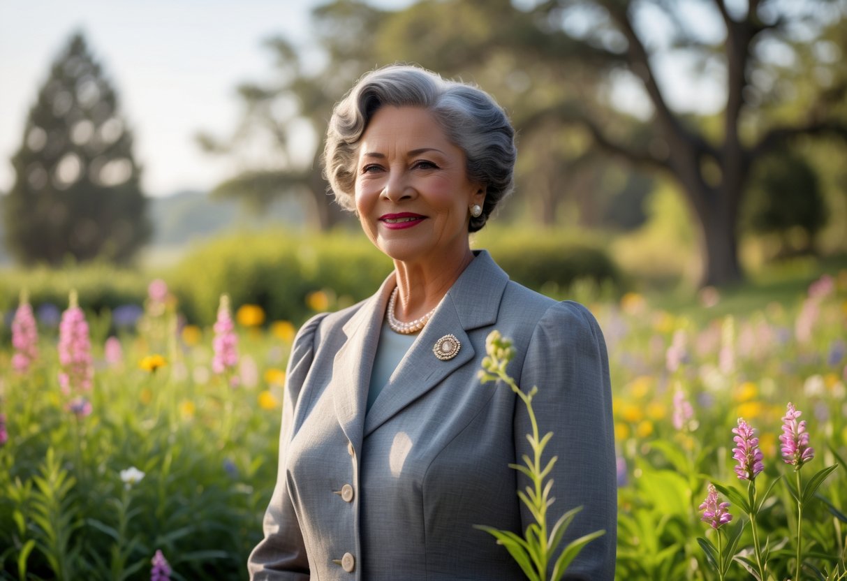 A middle-aged woman standing in a garden with wildflowers and trees, smiling gently.