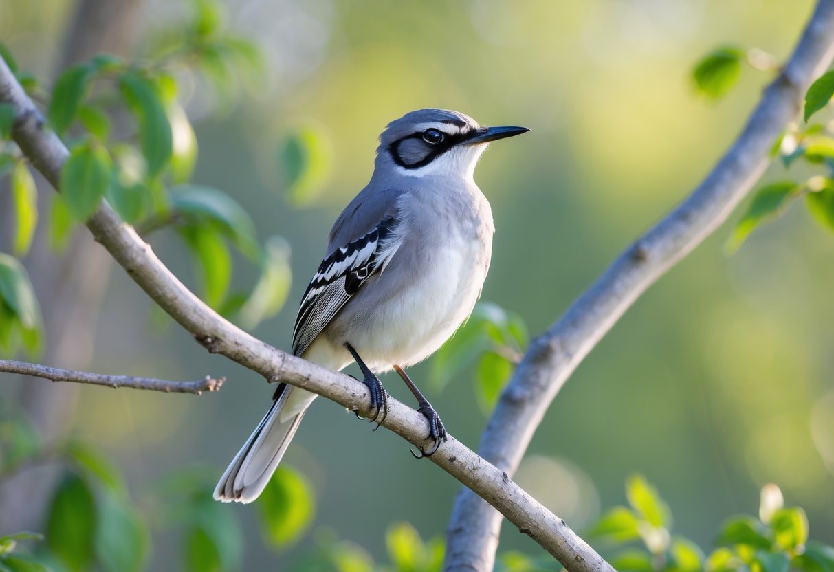 A northern mockingbird perched on a tree branch surrounded by green leaves.