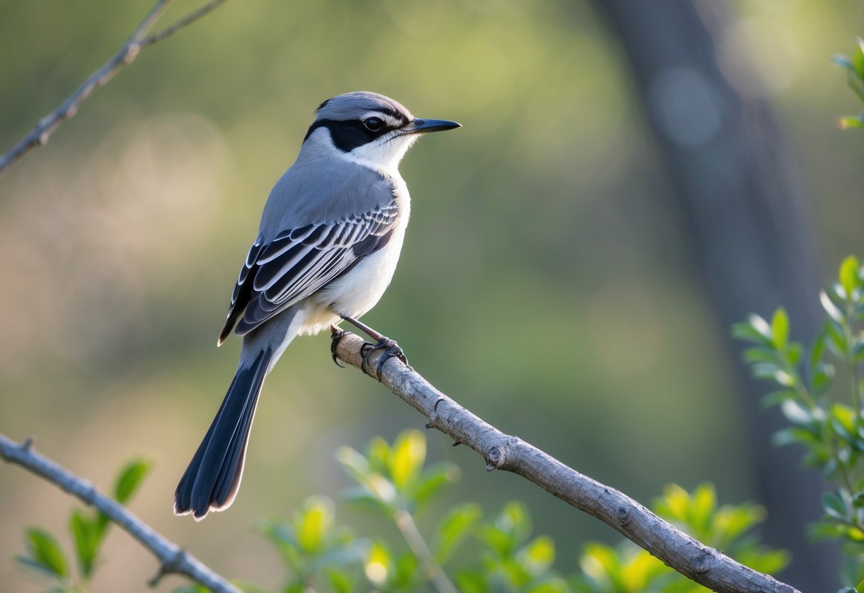 A Northern Mockingbird perched on a tree branch surrounded by green foliage.