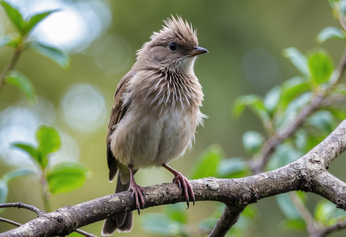 A bird with ruffled feathers perched on a branch surrounded by green foliage.
