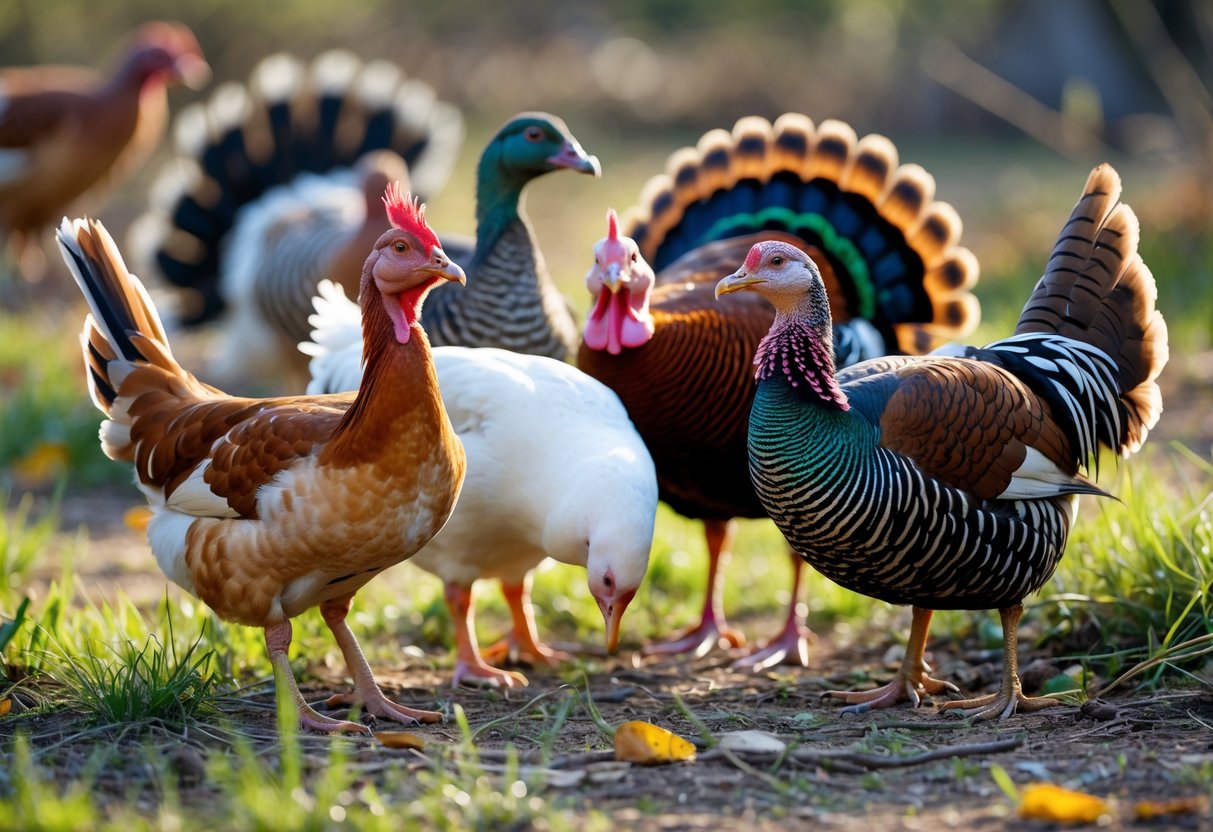A group of different fowl birds including chickens, ducks, turkeys, and pheasants in a natural outdoor setting with grass and trees.