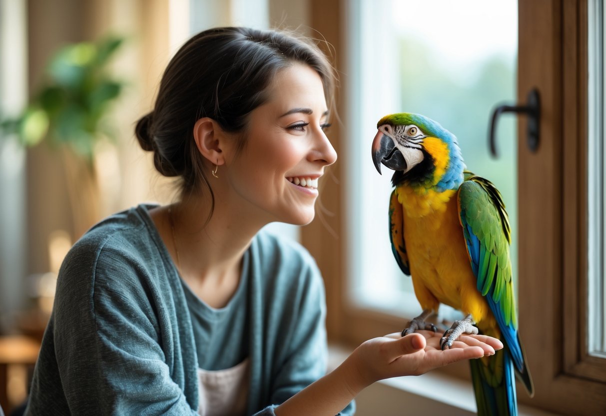 A person smiling and looking at a colorful parrot perched on their hand indoors near a window.