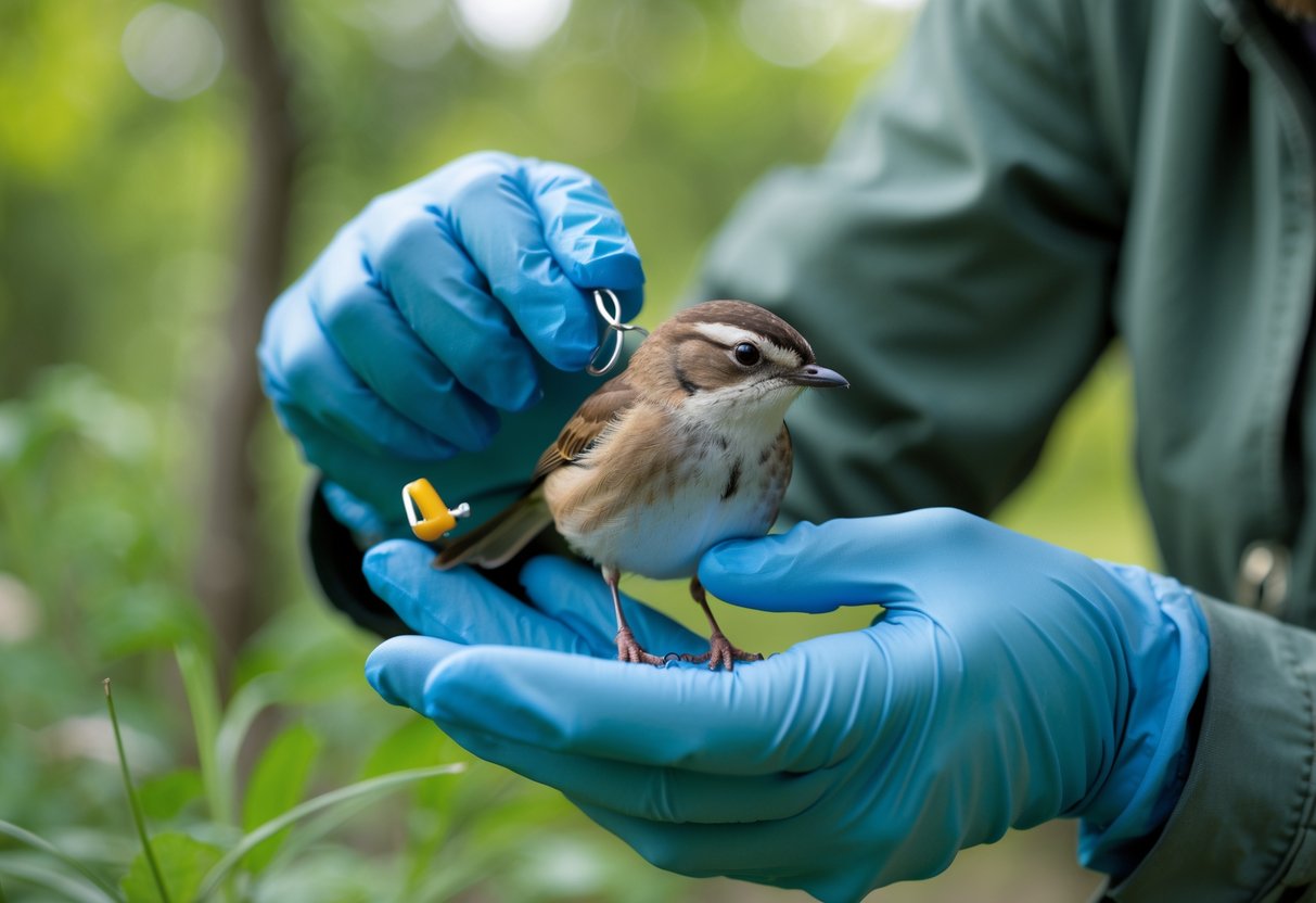 A person gently holding a small bird while attaching a tiny ring to its leg in a green forest setting.