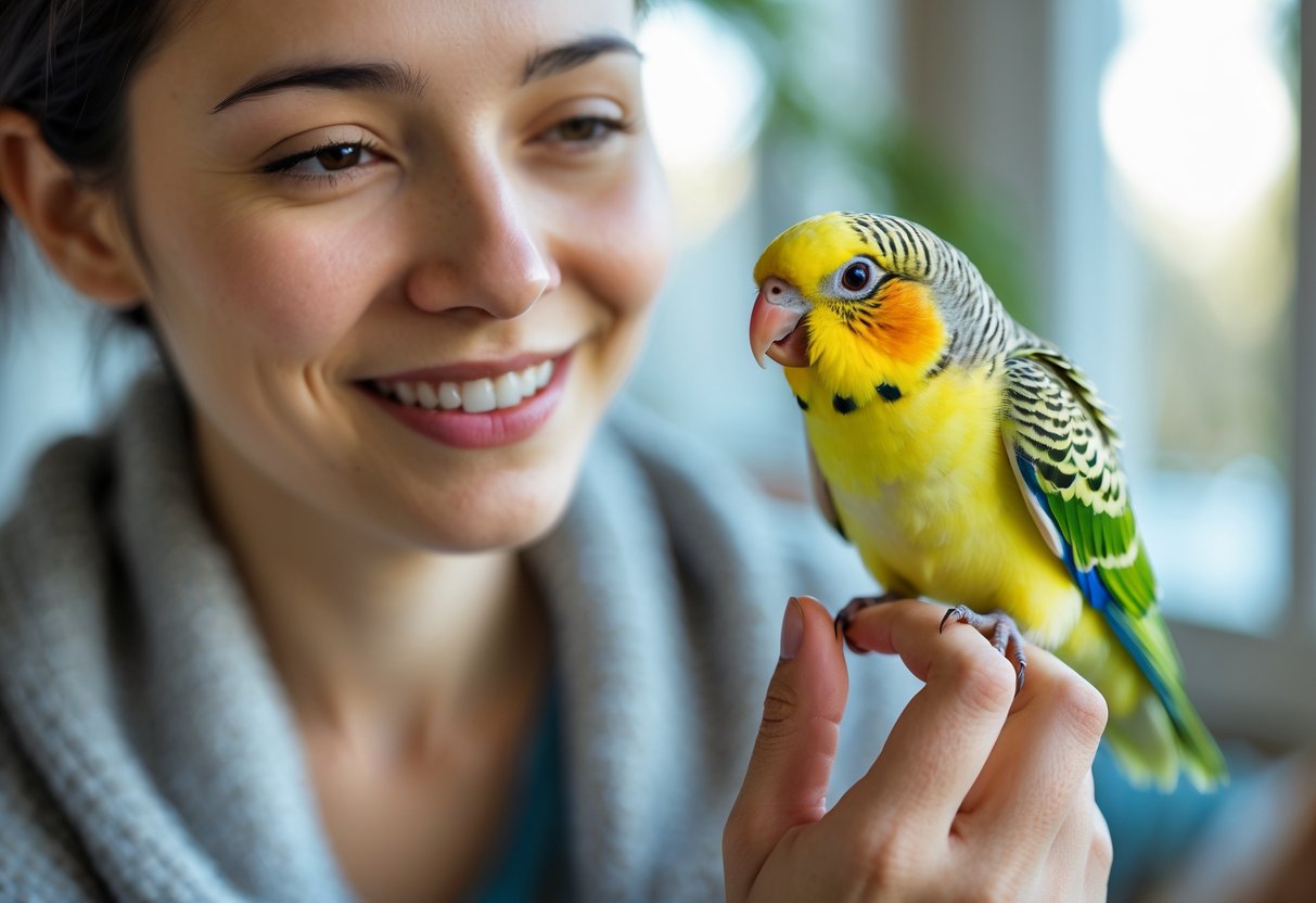 A person smiling and holding a small colorful bird perched on their finger, both looking at each other attentively.