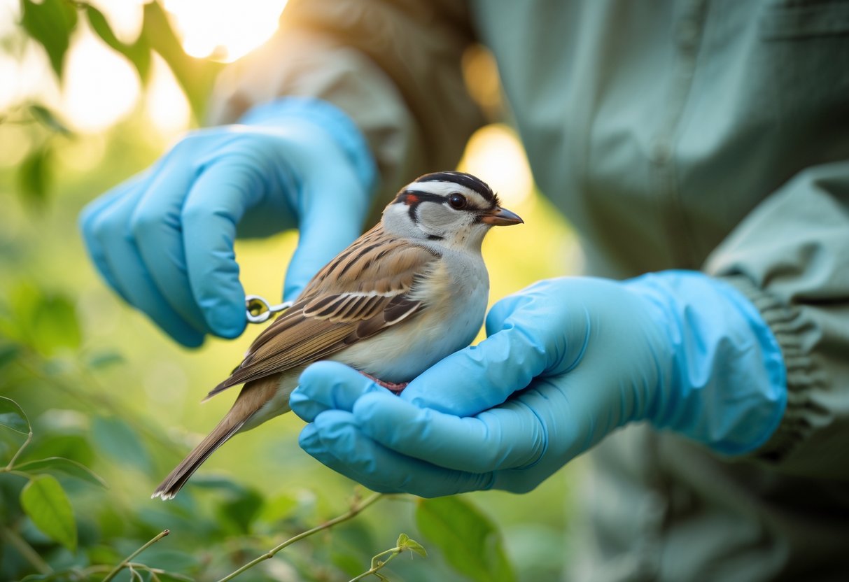 A researcher gently holding a small bird outdoors while placing a metal ring on its leg.