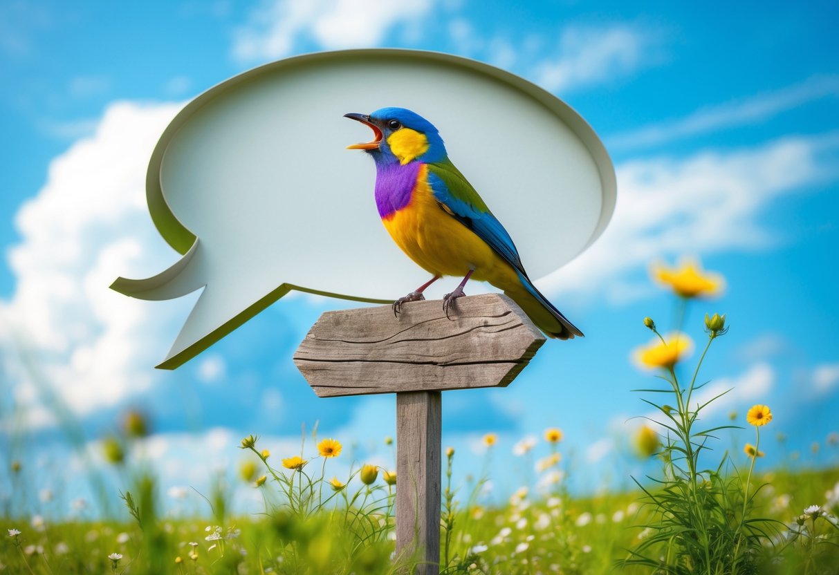 A colorful bird singing while perched on a wooden speech bubble sign in a green meadow under a blue sky.