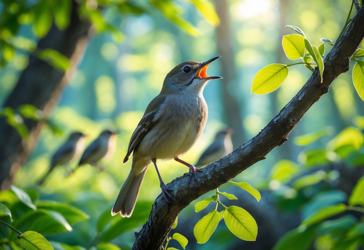 A small bird perched on a tree branch with its beak open as if calling, surrounded by green leaves in a forest.