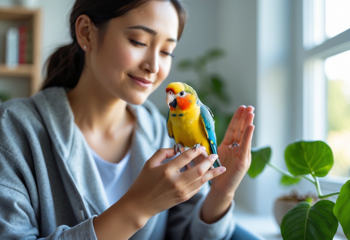 A person gently holding a small colorful bird on their finger in a bright indoor setting.